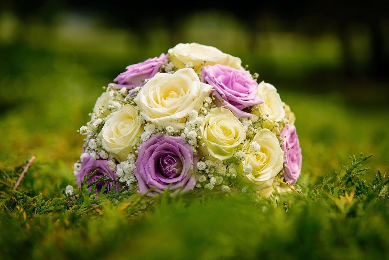 Bride holding a cascading wildflower bouquet